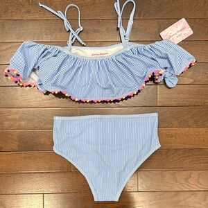 Tommy Bahama NWT Girls Blue Stripe Pom Pom Bikini Swimsuit Size 7